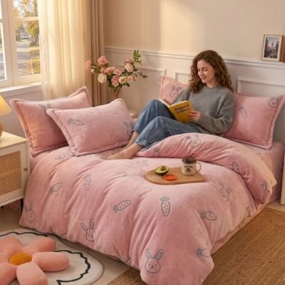 adolescente assise housse couette 1 personne motif lapin couleur rose