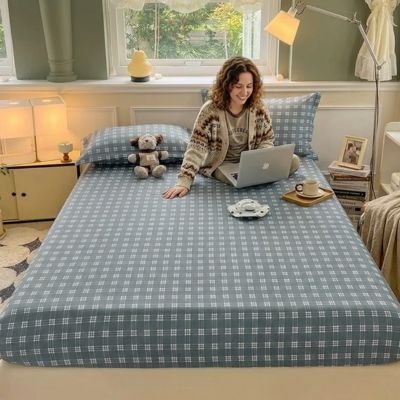 drap housse bleu gris