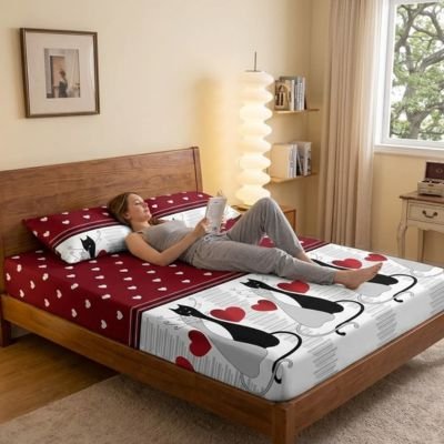 drap-housse-chats-avec-roses-sur-fond-blanc-rouge