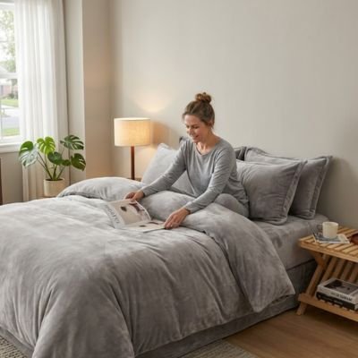femme assise feuilletant magazine housse couette flanelle 