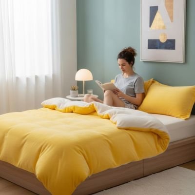 femme assise lit sous housse couette flanelle couleur jaune