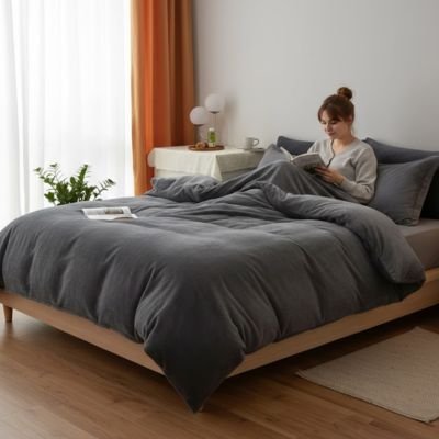 femme fait grasse matinée sous housse couette flanelle 