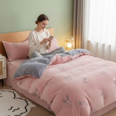 housse couette 1 personne motif lapin reversible couleur gris