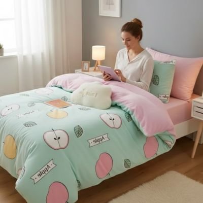 housse couette 1  personne motif pomme réversible couleur rose
