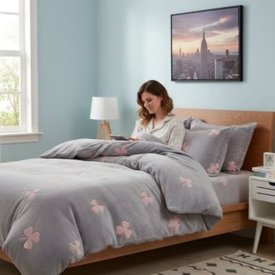 housse-couette-1-personne-motif-trèfle-rose-fond-gris