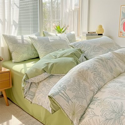housse couette bicolores reversible dessins botaniques couleur unie vert