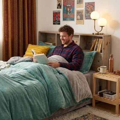 housse couette flanelle vert reversible gris