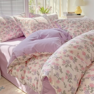 housse couettes bicolores reversible motif floral couleur unie lavande
