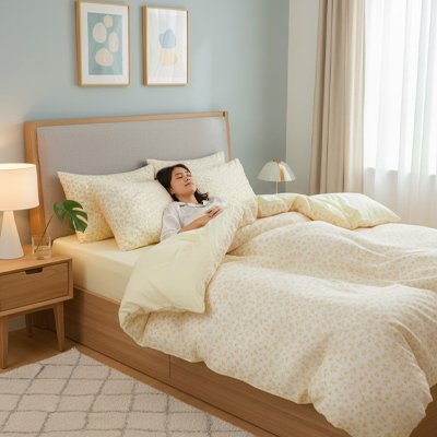 housse couette couleur creme petit motif floraux petit lapin
