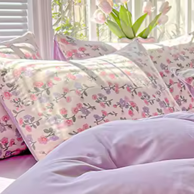 taie oreiller bicolores reversible motif floral couleur unie lavande
