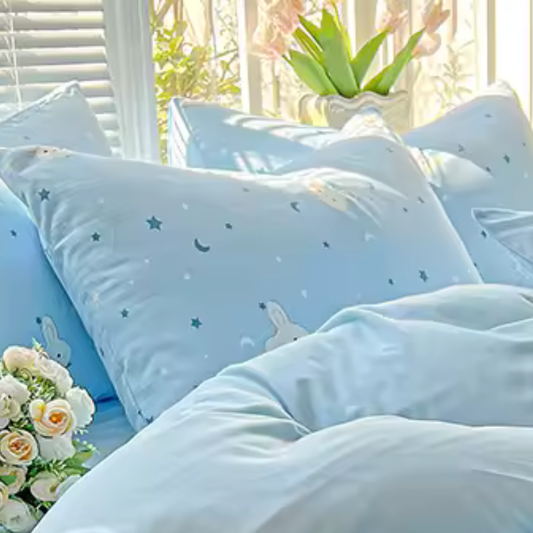 taie oreiller bleu ciel motif etoile lune petit lapin